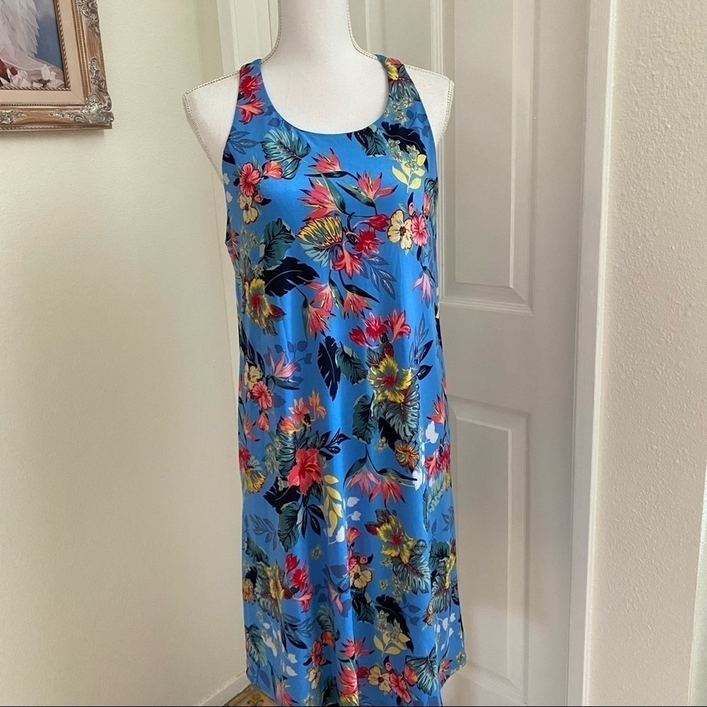 Philosophy Tropical Floral Print Lined Keyhole Back Blue Dress Sz Med